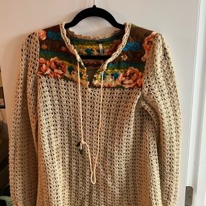 Free people knit hippie boho crochet shirt floral tan taupe medium